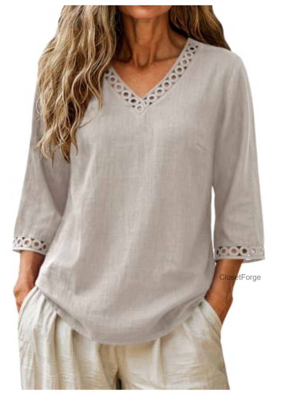 Women's Cotton Linen V-Neck 3/4 Sleeve Eyelet Lace Blouse